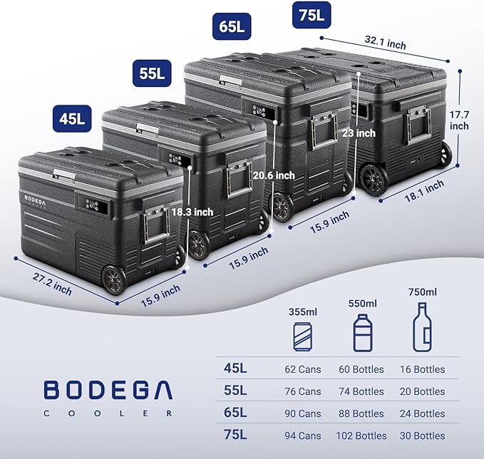 BODEGACOOLER 12 Volt Car Refrigerator,58QT(55L) Car Fridge with Wheels,RV Portable Freezer Single Zone,with APP Control,-4℉-68℉ Car Cooler,12/24V DC & 100-240V AC,for Travel,Camping,Outdoor,Vehicles