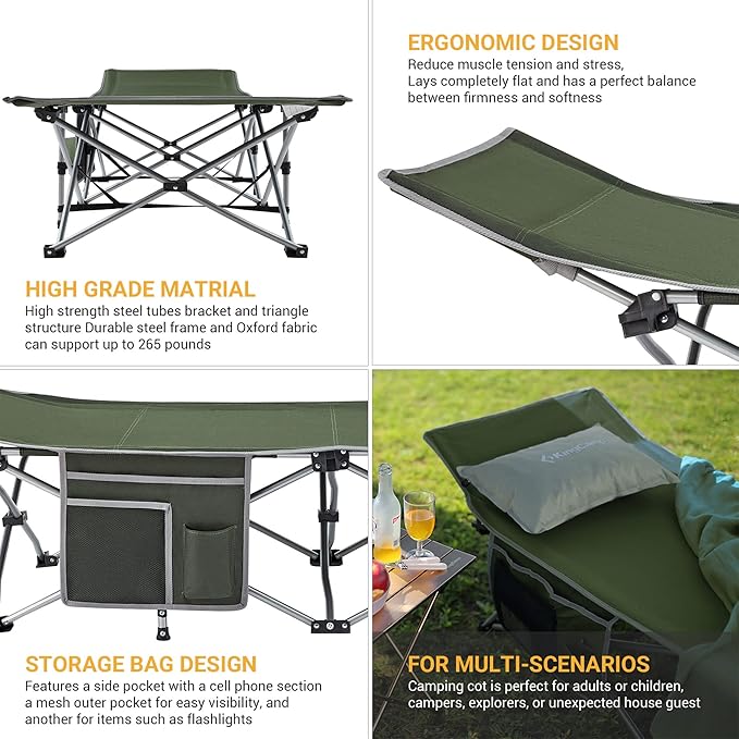 KingCamp Folding Camping Cot for Adults,Portable Sturdy Sleeping Cot with Carry Bag Outdoor Lightweight Camping Bed Support 264 lbs,Large Outdoor Foldable Travel Cots for Camping Beach Home Nap
