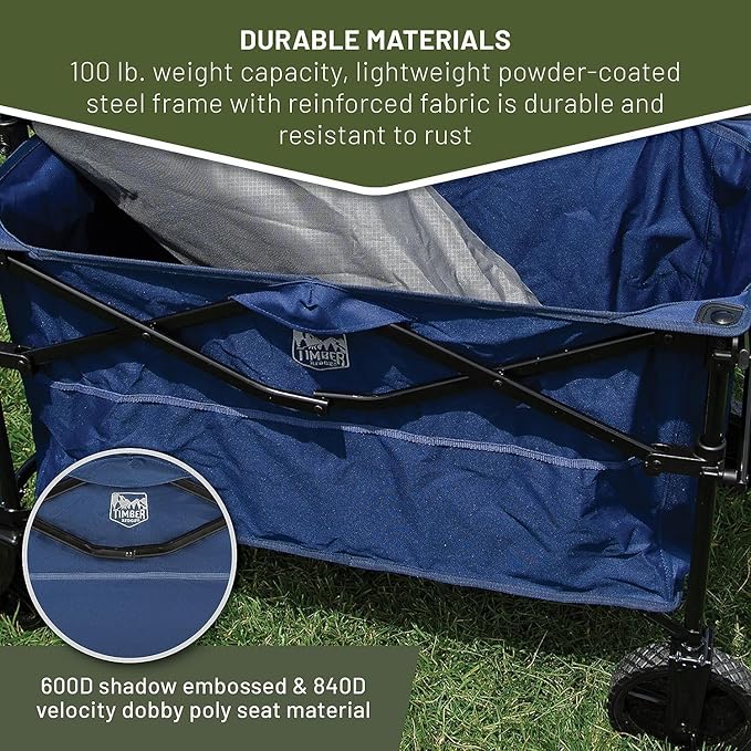 TIMBER RIDGE Folding Collapsible Wagon, Utility Push Pull Beach Wagon with All-Terrain Universal Wheels, Heavy Duty Foldable Grocery Cart for Outdoor Garden Camping Shopping, Holds 225 lbs, Dark Blue