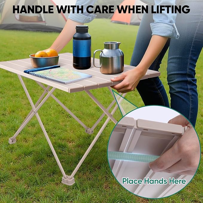 PTEROMY Folding Camping Table, Portable Beach Table with Ultralight Aluminum Tabletop for Travel, Outdoor, Camping, Picnics, and BBQs (Medium, Beige)