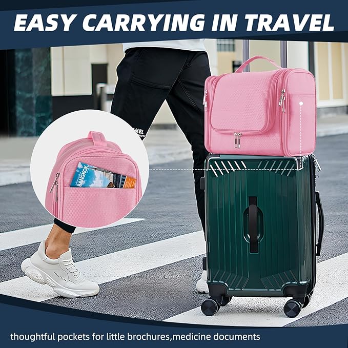 Buruis Large Capacity Toiletry Bag for Women and Men, Hanging Toiletry Organizer Cosmetics Makeup Bag, Water-resistant Dopp Kit Shaving Bags for Full Sized Toiletries, Travel Essentials (Pink)