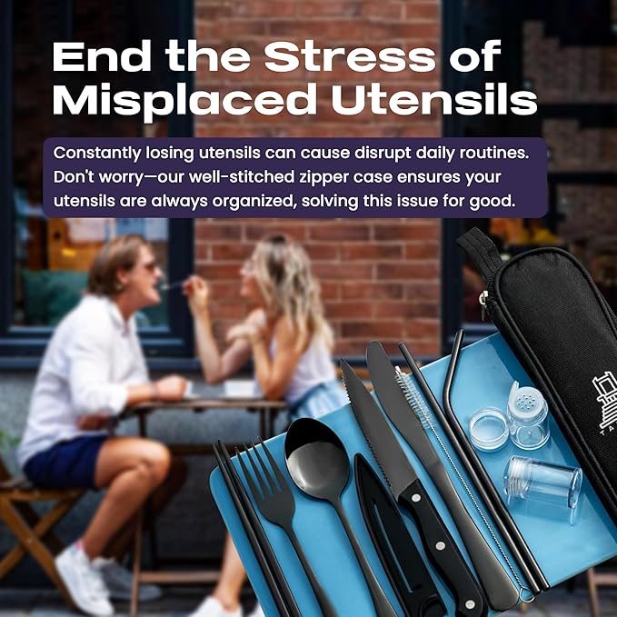 Portable Travel Silverware Set With Case, Includes 10 Pcs of Travel Utensils With Case, Stainless Steel Flatware Set For Camping, Lightweight (Black)