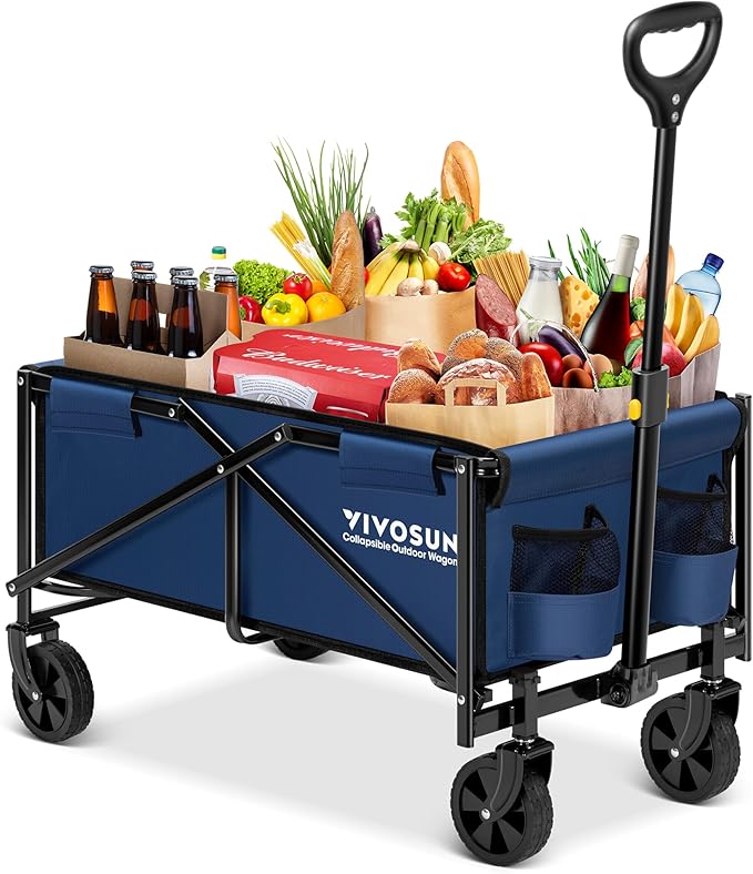 VIVOSUN Collapsible Folding Wagon, Outdoor Utility with All-Terrain Wheels, Adjustable Handle, Cup Holders & Side Pockets, for Camping, Shopping, Garden, 210Lbs Capacity, Blue