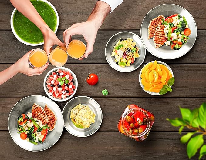 Stainless Steel Bowl Set Kit Polished Stainless Steel Dishes Set| Tableware| Dinnerware| Camping| Buffet| includes - Cups | Plates| Bowls| Cutlery| Comes in Bags