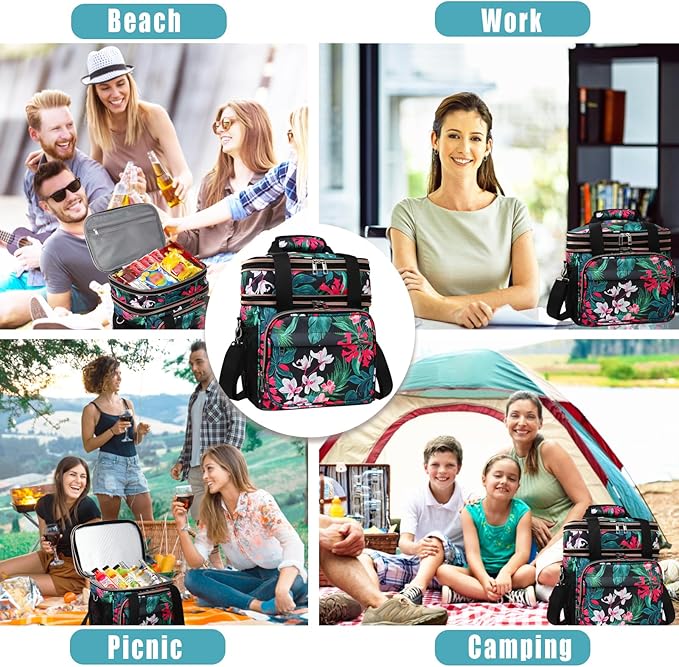 GLENKEY Expandable Lightweight Insulated Lunch Box for Women, Double Deck Large Lunch Bag Leakproof Soft Cooler Bags with Shoulder Strap for Adults Work Office Flight Beach Travel, Floral, 16L