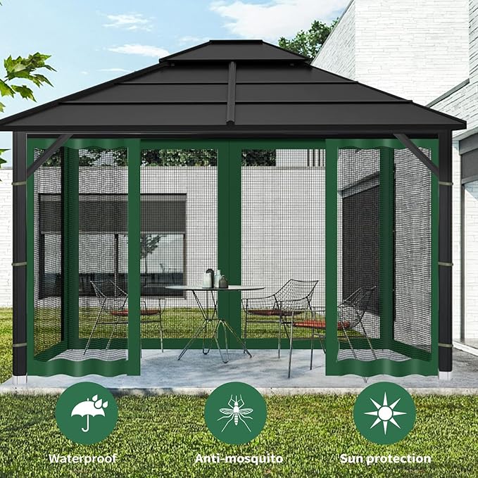 Gazebo Replacement Mosquito Netting Outdoor Universal Gazebo Canopy 4-Panels Screen Sidewalls with Zipper for Patio Garden (Green, 10x12)