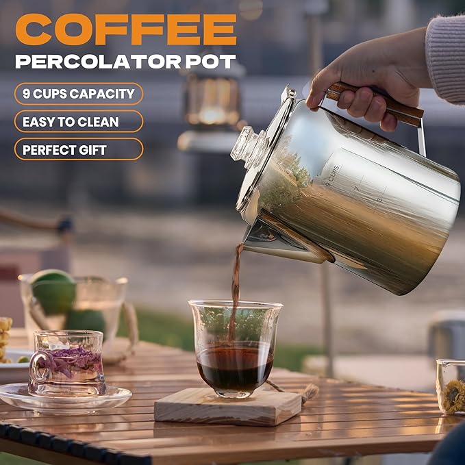 Percolator Pot Stainless Steel Camping Coffee Pot-NO Aluminum or Plastic Camping Coffee Pot Stovetop (9 cup)