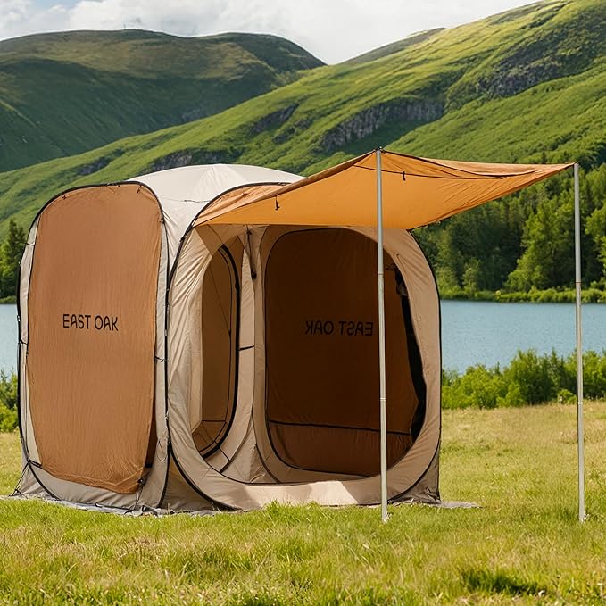 East Oak 6ร6 FT Pop Up Canopy Tent with Mesh | Outdoor Screen House with 4 Sunshades | Instant Canopy with Portable Carry Bag | Gazebo Tent for Camping, Patio, and Beach | Beige