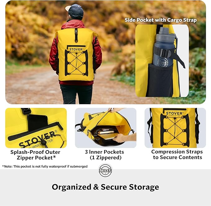 STOVER 5/10/25/30/40/55L Waterproof Dry Backpack- XL Floating Dry Bag for Kayaking, Travel, Tubing, Hiking, Fishing, Camping, Motorcycles, the Beach, Heavy-Duty Roll Top Men/Women (Yellow)