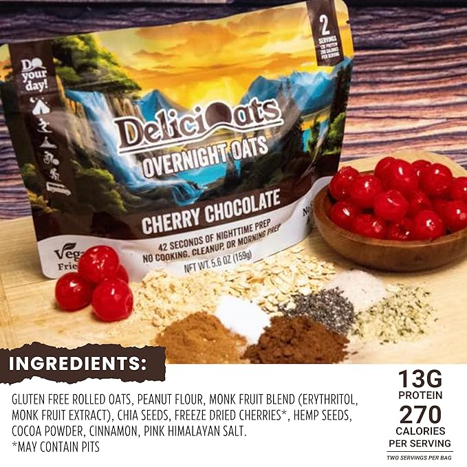 DeliciOats Overnight Oats | Dairy Free, Soy Free, Gluten Free Oatmeal for Backpacking, Camping, Emergency Food, and Everyday Breakfast (Pack of 1, Cherry Chocolate)