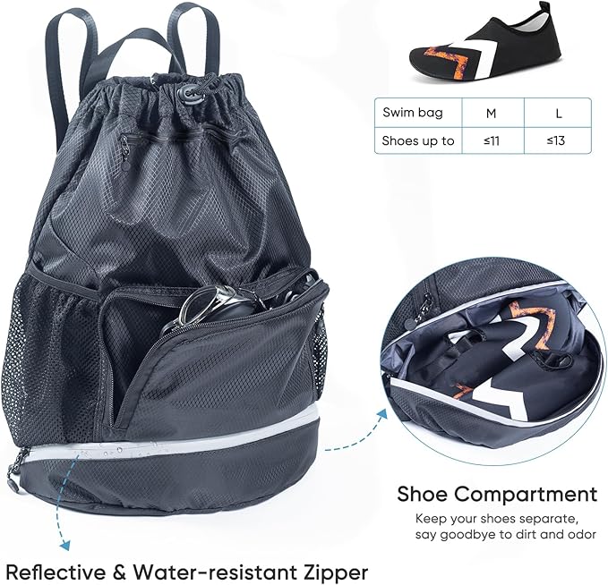 Swim Beach Gym Backpack - Drawstring with Shoes Compartment and Waterproof Pocket for Gym Accessories, Swim Essentials - Kids Mens Beach Workout Bag