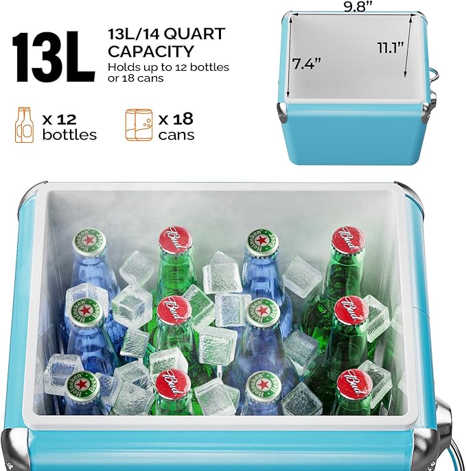 VINGLI 14qt Small Insulated Portable Cooler, Retro Vintage Classic Style Hard Metal Cooler for Barbeques, Camping, Fishing and Picnics