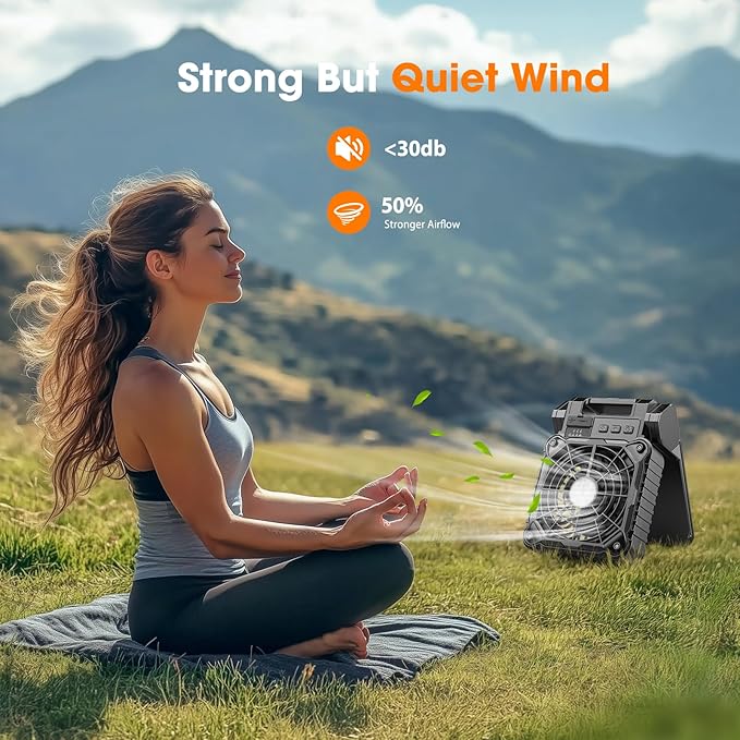 Solar Camping Fan with LED Lantern, 10400mAh 10W Solar Panel fan, Quiet Battery Operated Tent Fan for Picnic, Barbecue, Fishing, Travel