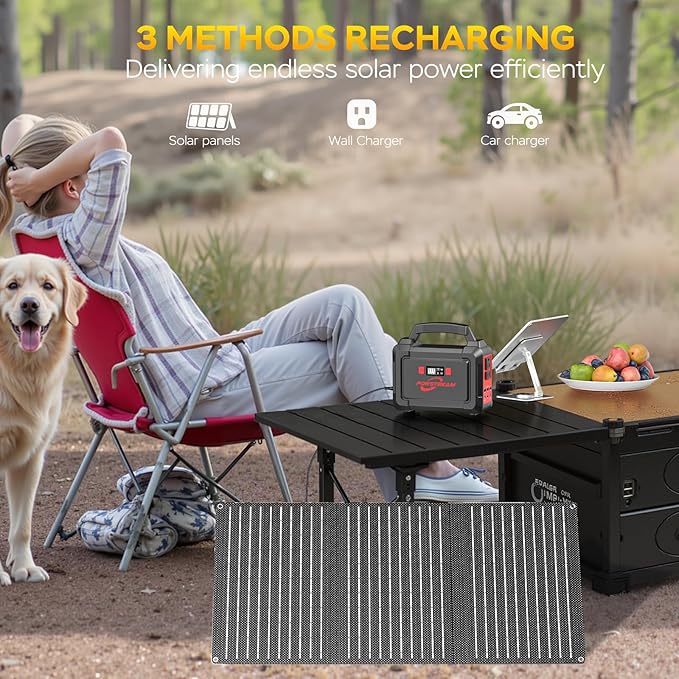 POWSTREAM Solar Powered Generator 167Wh Portable Power Station with Solar Panel 30W Included, 100W Power Bank with AC Outlet QC3.0 for Camping Boat Trip Hunting Outdoor Adventures Emergency Backup