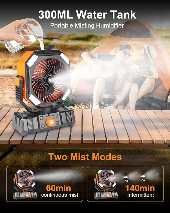 Misting Fan Portable with 20000mAh Rechargeable Battery 16H-58H Run Time, USB Output for Emergency Charging, Camping Fan Mist Spraying in 6.6ft, LED Lights, for Outdoors Camping Patios Fishing Cooling