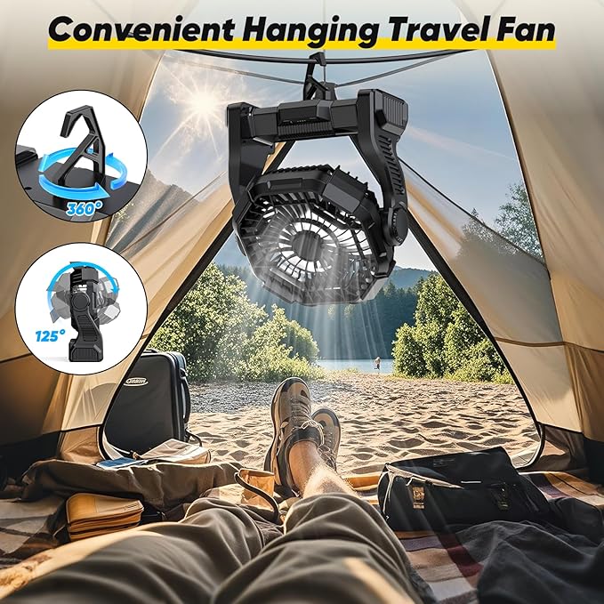Camping Fan Rechargeable, Real 10000mAh Battery Powered Portable Fan with LED Light and Hook, Battery Operated Fan 10-Inch, USB Outdoor Portable Fans for Travel, Fishing, Picnic, Beach, Black