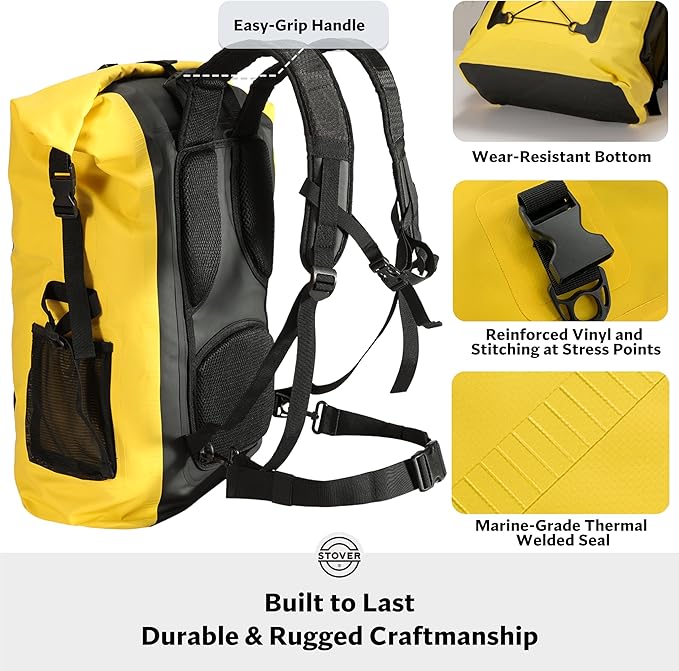 STOVER 5/10/25/30/40/55L Waterproof Dry Backpack- XL Floating Dry Bag for Kayaking, Travel, Tubing, Hiking, Fishing, Camping, Motorcycles, the Beach, Heavy-Duty Roll Top Men/Women (Yellow)