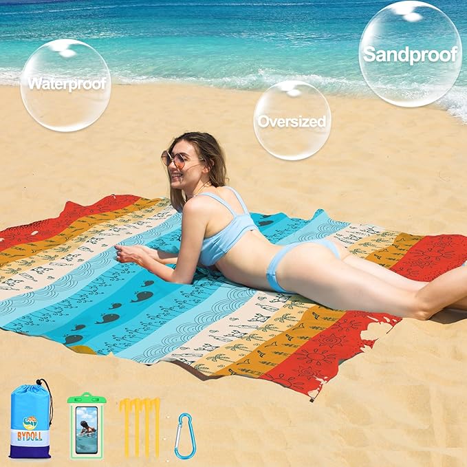 BYDOLL Beach Blanket 78''X81'' 4-7 Adults Oversized Lightweight Waterproof Sandproof Blanket for Beach Large Picnic Mat Travel Camping