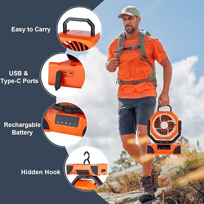 Rechargeable Fan,Operated Camping Battery Powered Fan with Hook&Bright LED Light,Remote Control Timer Auto Oscillation Cordless for Outdoor Power Outage,Tent,Picnic,Barbecue,Fishing,Travel,Home