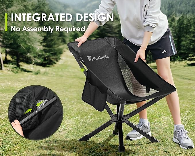 Portable Folding Camping Chair for Adults, Lightweight Backpacking Chairs with Side Pocket & Cooling Mesh Back, Compact Chairs - Supports 260 Lbs, Outdoor Chair for Camping, Beach, Sports