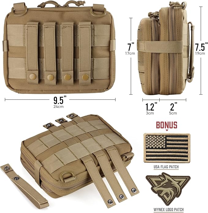 WYNEX Tactical Molle Admin Pouch of Laser Cut Design, Utility Pouches Molle Attachment Military Medical EMT Organizer with Map Pocket EDC EMT Pack IFAK Tool Holder Universal U.S.A Patch Included
