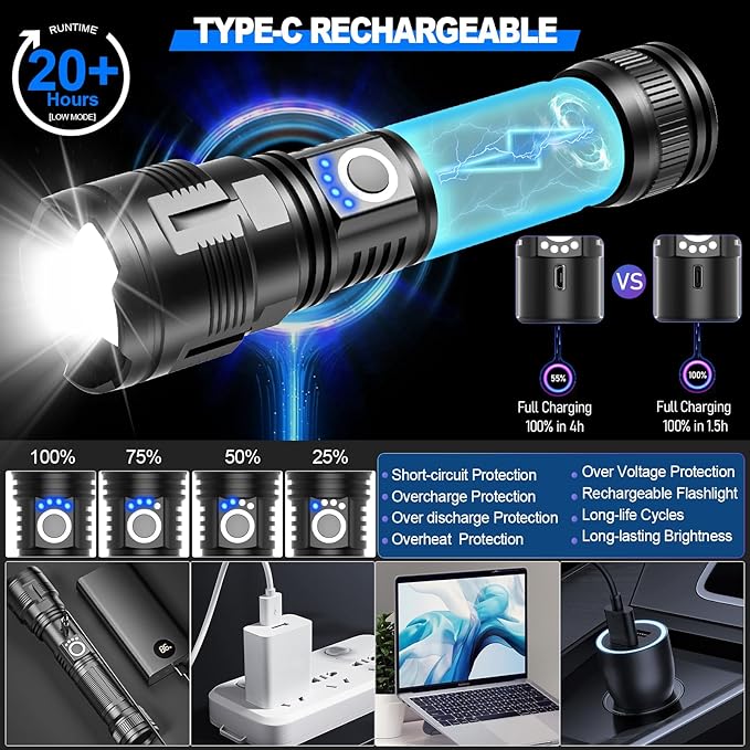 Rechargeable Tactical Flashlights High Lumens,100,000 Lumens Super Bright LED Flashlight,Powerful Flash Light with 5 Modes,Waterproof,Power Handheld Flashlight for Emergency,Camping,Hurricane,Hiking