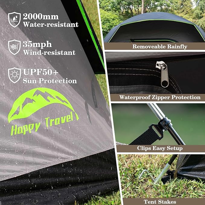 Happy Travel Camping Tent, 6 Person Dome Tents for Camping with Rainfly, Waterproof Clip Easy Setup Portable Family Tent with Mesh Windows, 20% More Headroom Backpacking Tents for Camping & Hiking