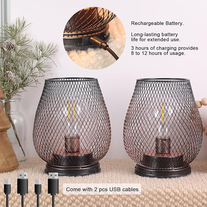 DECORKEY Set of 2 Rechargeable LED Table Lantern, Brown Metal Cage Cordless Lamps with LED Bulb,Vintage Decorative Outdoor Lantern for Weddings, Parties, Patio, Events for Indoors Shelf Decor
