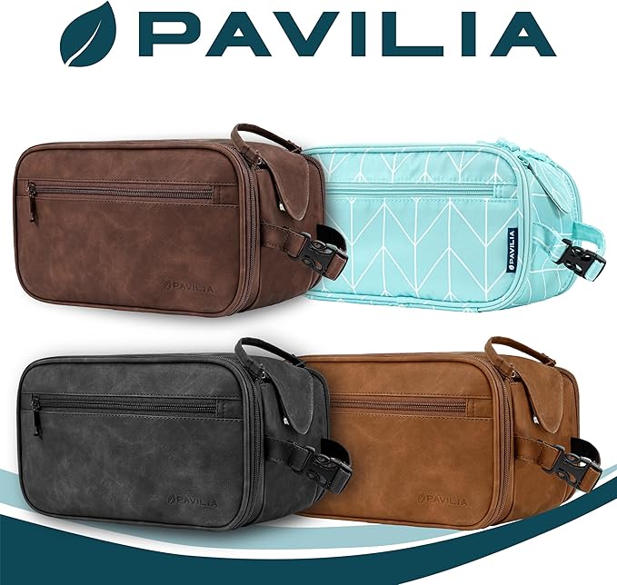 PAVILIA Toiletry Bag for Men Women, Mens Travel Bag Toiletries Organizer Case for Grooming, Travel Essentials Shaving Dopp Kit, PU Leather Water Resistant Cosmetic Pouch, Dark Brown