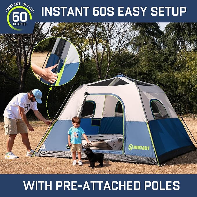 4/6/8 Person Instant Tent, Waterproof Pop Up Tents for Camping with Rainfly, 60 Seconds Easy Setup, Automatic Cabin Tent for Family Camping with Expandable Carry Bag & Upgraded Ventilation
