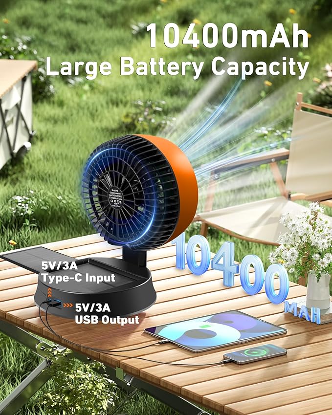 10400mAh Solar Camping Fan with LED Lantern, Rechargeable Portable Fan with 5W Solar Panel, Battery Operated Personal Fan for Outside Picnic, Fishing, Outdoor Tent Fan for Camping Essentials