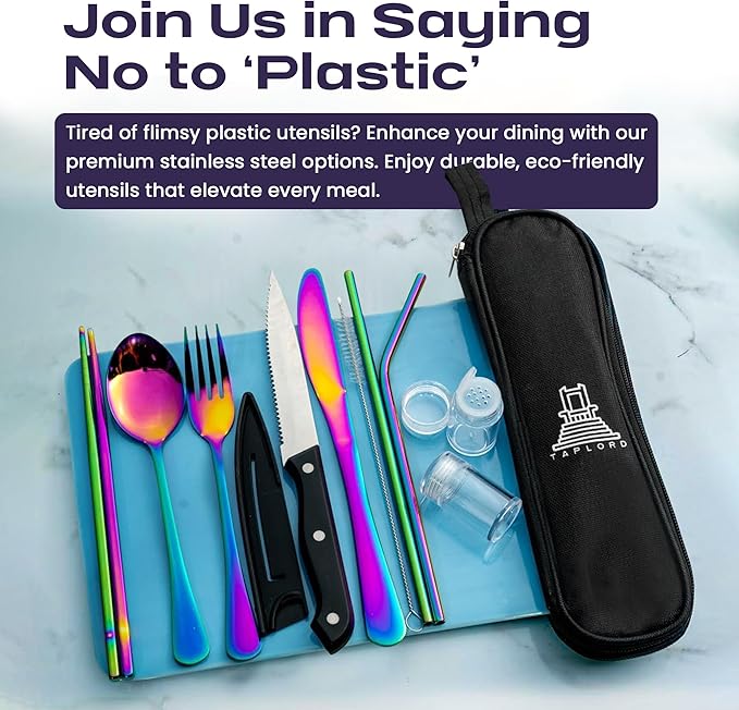 Portable Travel Silverware Set With Case, Includes 10 Pcs of Travel Utensils With Case, Stainless Steel Flatware Set For Camping, Lightweight (Multi-Color)