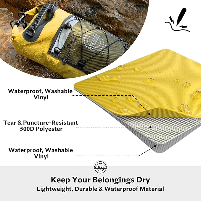 STOVER 5/10/25/30/40/55L Waterproof Dry Backpack- Medium Floating Dry Bag for Kayaking, Travel, Tubing, Hiking, Fishing, Camping, Motorcycles & Beach, Heavy-Duty Roll Top Men/Women (Yellow)
