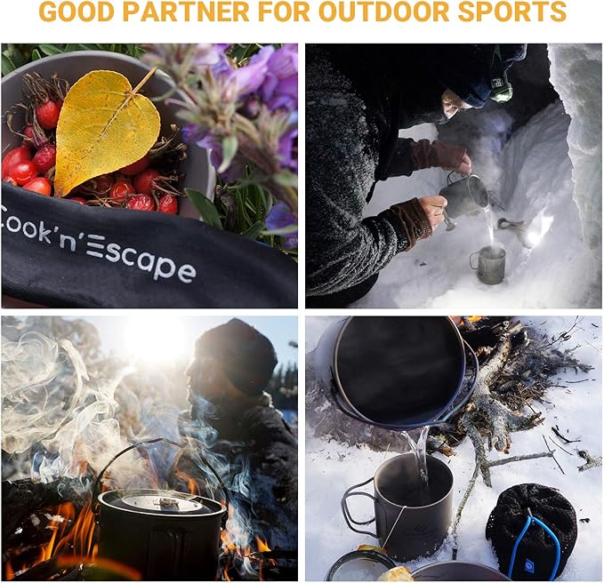 COOK'N'ESCAPE Titanium Camping Cooking Pot, Camping Cookware Set with Folding Handle,Compact Frying Pan Open Over Fire Cooking for Outdoor Backpacking Hiking Picnic