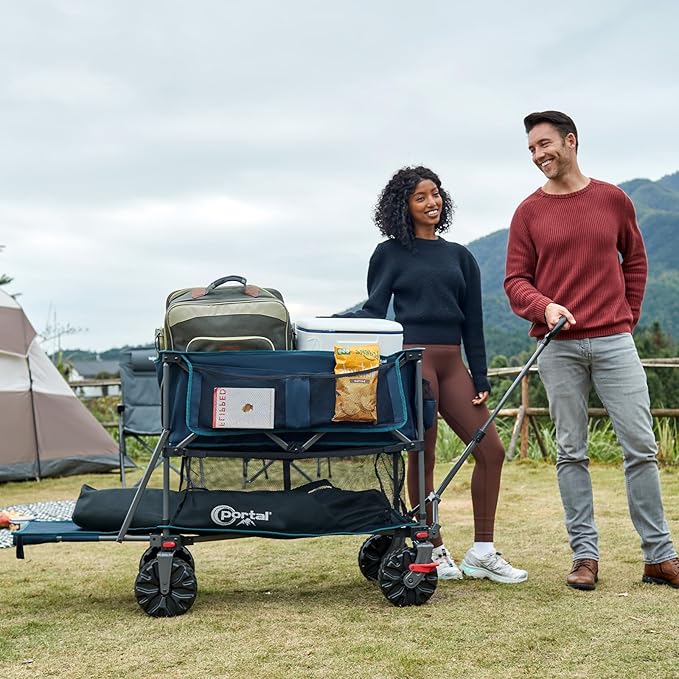 PORTAL 400L Large Capacity Collapsible Double Decker Wagon with Brakes, 450LB Heavy Duty Folding Cart with Tailgate, Foldable Utility Wagons for Camping, Beach, Garden, Sports, Shopping