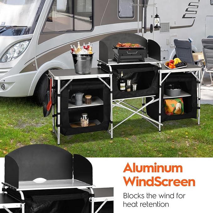 Cmaping KitchenTable, Aluminum Folding Camping Cook Station with Windshield, Upgrade Light Stand, Storage Bag, Quick Installation for Outdoor, Picnic, Cooking