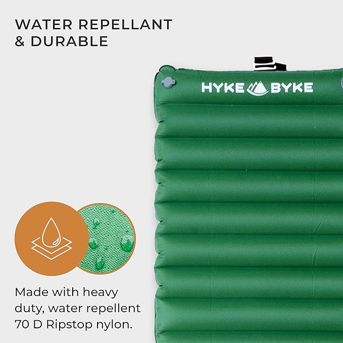 Hyke & Byke Appalachian Inflatable Sleeping Pad for Camping and Backpacking - WR 70 D Ripstop Nylon Fabric - 76 x 24 in - Long - Gray Green