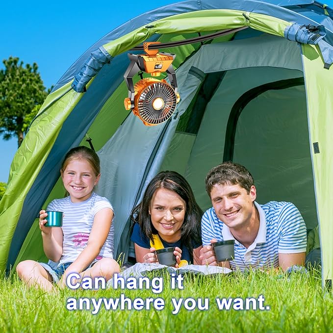 Camping Fan - Rechargeable Portable Battery Powered Camping Fans for Tents with LED Light, Power Display, Timers & 360° Hanging Hook, Ultra Quiet USB Personal Tent Fan for Fishing Travel Home Office