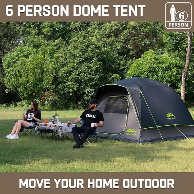 Happy Travel Camping Tent, 6 Person Dome Tents for Camping with Rainfly, Waterproof Clip Easy Setup Portable Family Tent with Mesh Windows, 20% More Headroom Backpacking Tents for Camping & Hiking