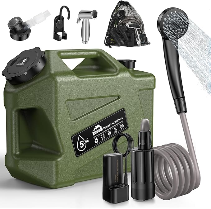Portable Camping Shower with Water Jug, Electric Rechargeable Camping Shower, 5-Gallon Food Grade Water Containers, Outdoor Camp Pump Water Storage Kit for Hiking Beach, Travel, Pet Bath