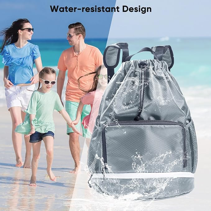 Swim Bag Beach Backpack Sports Drawstring Backpack - Gym Bag with Shoes Compartment and Waterproof Pocket for Gym Accessories, Swim Essentials - Kids Swim Backpack Mens Beach Bag, Workout Bag