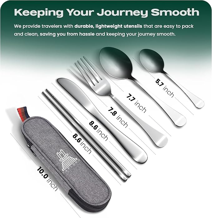 Portable Travel Silverware Set With Case, Includes 5 Pcs of Travel Utensils With Case, Stainless Steel Flatware Set For Camping, Easy to Travel, Lightweight (Silver), Medium, TL-05S