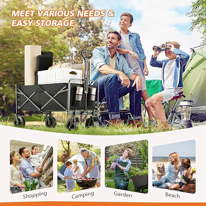 Sweetcrispy Collapsible Foldable Wagon Cart, Large Capacity Garden Beach Cart with All-Terrain Wheels, Heavy Duty Utility Grocery Wagon with Drink Holders for Shopping Sports Camping - 35IN Black