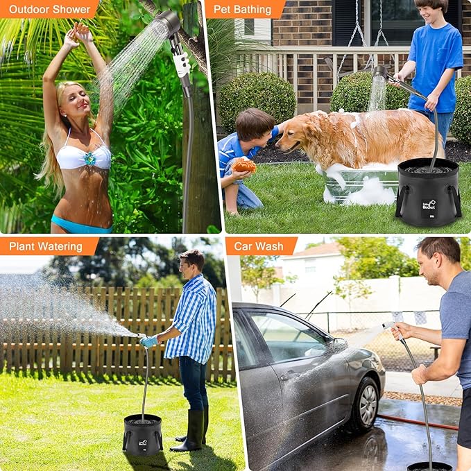 Portable Camping Outdoor Shower Kit with 20L Collapsible Bucket 10000mAH Rechargeable Electric Intelligent Digital Display Shower Pump for Outside Hiking Dog Bath Beach Traveling (Grey)