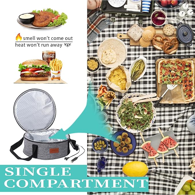 Round Food Warmer Electric Casserole Carrier - Large Heated Lunch Bag for Car Truck, 12V/24V/110V, Thermos for hot food for Potluck Cookouts Parties Picnic,Pie Carrier Bag
