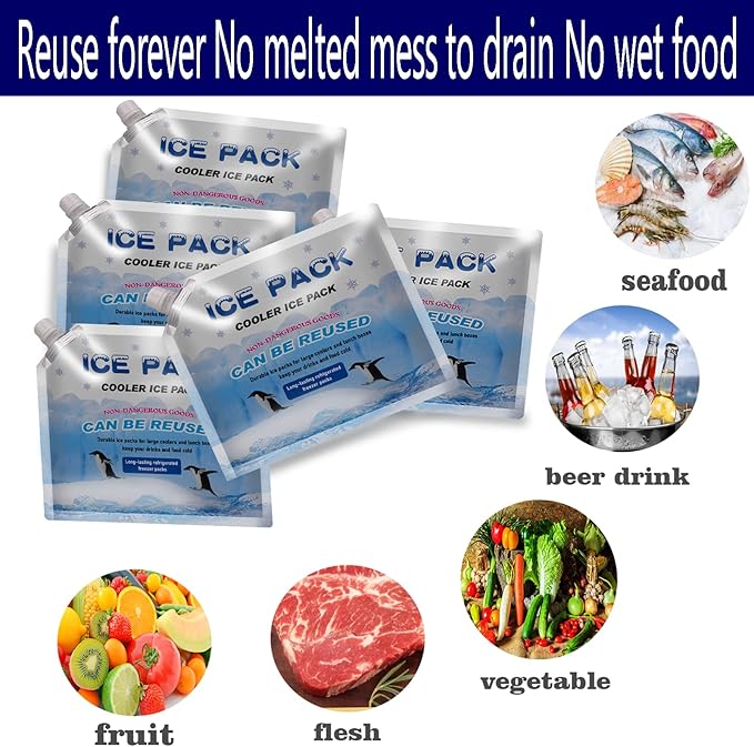 Reusable ice Packs for Coolers, Long Lasting Cooler ice Pack, 24 to 48 Hours of Cold Gel Ice Pack.Lunch Bag CoolerIt can Hold 1400-1600ml of (Blue 6 Piece Set)