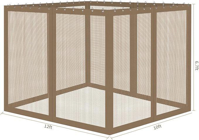 Gazebo Universal Replacement Mosquito Netting, 10' x 12' Outdoor Mesh Netting Screen 4-Panel Sidewall with Zipper for Patio Canopy Garden Porch Pergolas and Backyard, Khaki(Mosquito Net Only)