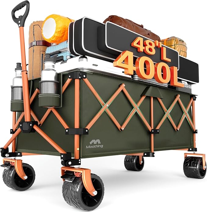 48โL Foldable Wagons Carts Extended, Collapsible Folding Wagon 500lbs Heavy Duty, 400L Large Beach Wagon, Utility Wagon with All Terrain Big Wheels for Sports, Camping, Grocery, Garden, Green