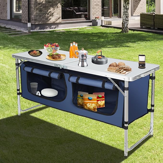 Outdoor Folding Camping Table with Storage Organizer, Portable Aluminum Composite Panel Lightweight Table, 3 Adjustable Height, for Indoor, BBQ, Party, Picnic, Hiking, Blue