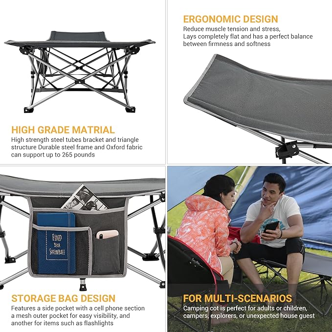 KingCamp Folding Camping Cot for Adults,Portable Sturdy Sleeping Cot with Carry Bag Outdoor Lightweight Camping Bed Support 264 lbs,Large Outdoor Foldable Travel Cots for Camping Beach Home Nap
